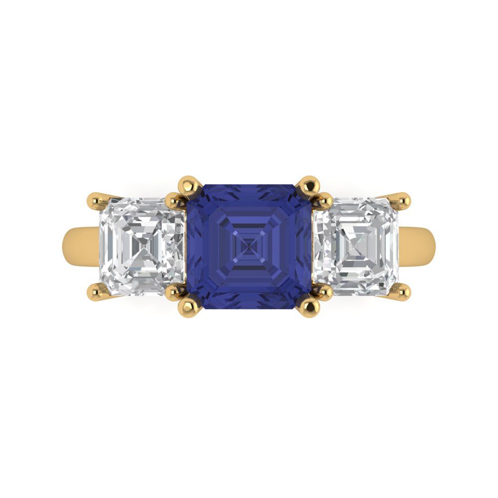4 cttw Simulated Tanzanite Three-Stone Engagement Ring - Solid Gold (Square Emerald Cut,7.0X7.0mm)
