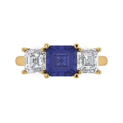 4 cttw Simulated Tanzanite Three-Stone Engagement Ring - Solid Gold (Square Emerald Cut,7.0X7.0mm)