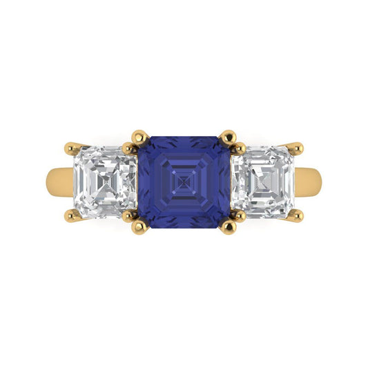 4 cttw Simulated Tanzanite Three-Stone Engagement Ring - Solid Yellow Gold (VVS1, Square Emerald Cut,7.0X7.0mm)