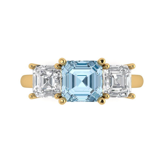 4 cttw Zirconia Simulated Blue Diamond Three-Stone Engagement Ring - Solid Yellow Gold (VVS1, Square Emerald Cut,7.0X7.0mm)
