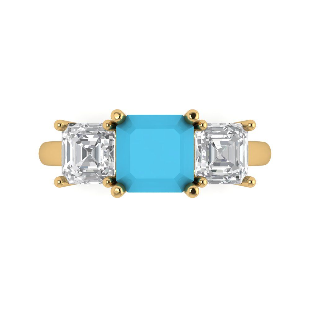 4 cttw Simulated Turquoise Three-Stone Engagement Ring - Solid Gold (Square Emerald Cut,7.0X7.0mm)