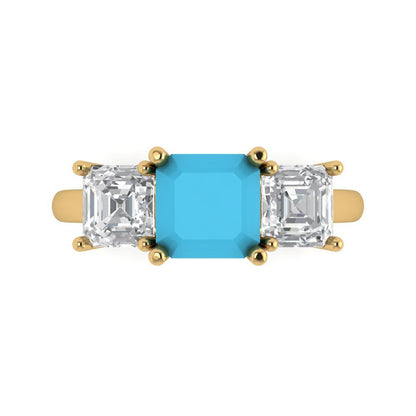 4 cttw Simulated Turquoise Three-Stone Engagement Ring - Solid Gold (Square Emerald Cut,7.0X7.0mm)