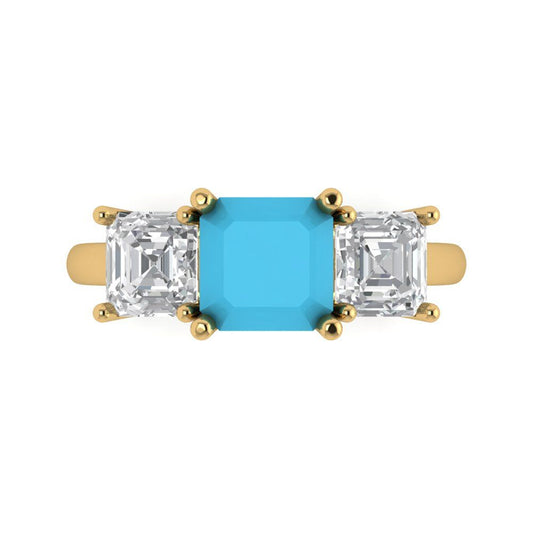 4 cttw Simulated Turquoise Three-Stone Engagement Ring - Solid Yellow Gold (VVS1, Square Emerald Cut,7.0X7.0mm)