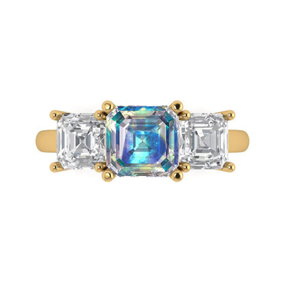 4 cttw Blue Moissanite Three-Stone Engagement Ring - Solid Gold (Square Emerald Cut,7.0X7.0mm)