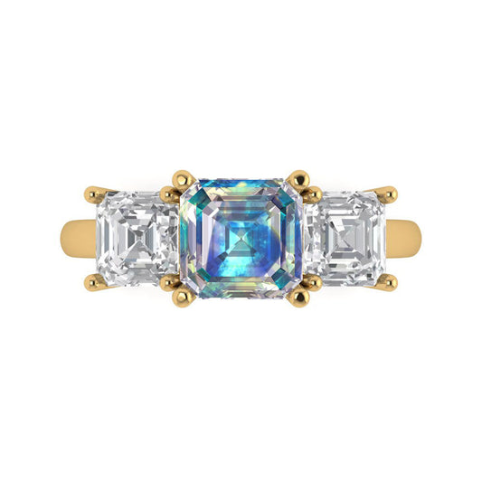 4 cttw Blue Moissanite Three-Stone Engagement Ring - Solid Yellow Gold (VVS1, Square Emerald Cut,7.0X7.0mm)