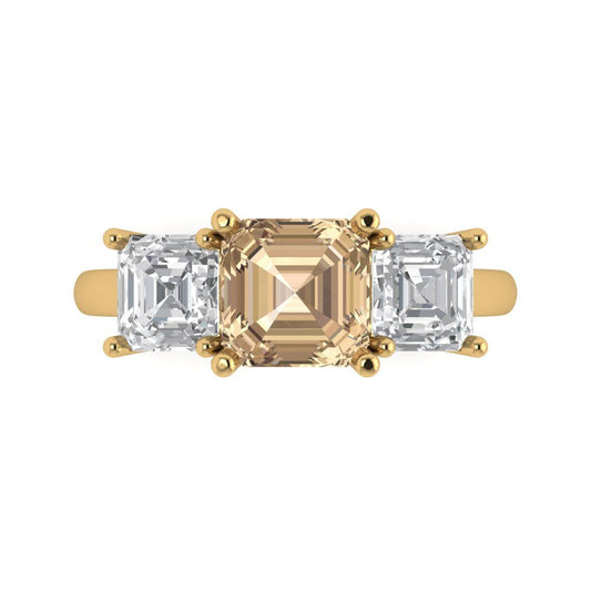 4 cttw Yellow Moissanite Three-Stone Engagement Ring - Solid Yellow Gold (VVS1, Square Emerald Cut,7.0X7.0mm)