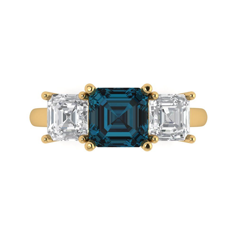 4 cttw Natural London Blue Topaz Three-Stone Engagement Ring - Solid Gold (Square Emerald Cut,7.0X7.0mm)