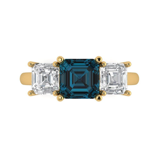 4 cttw Natural London Blue Topaz Three-Stone Engagement Ring - Solid Yellow Gold (VVS1, Square Emerald Cut,7.0X7.0mm)