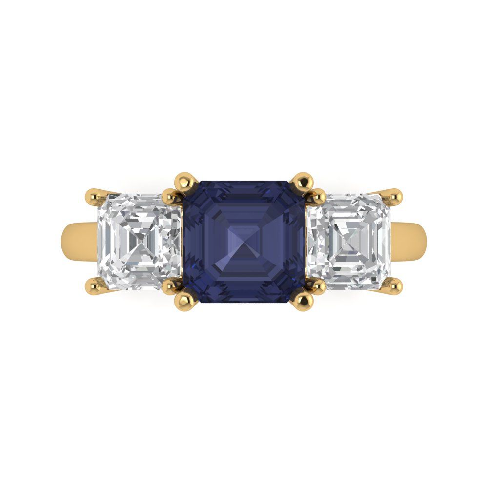 4 cttw Simulated Blue Sapphire Three-Stone Engagement Ring - Solid Yellow Gold (VVS1, Square Emerald Cut,7.0X7.0mm)