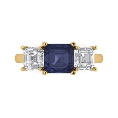 4 cttw Simulated Blue Sapphire Three-Stone Engagement Ring - Solid Yellow Gold (VVS1, Square Emerald Cut,7.0X7.0mm)