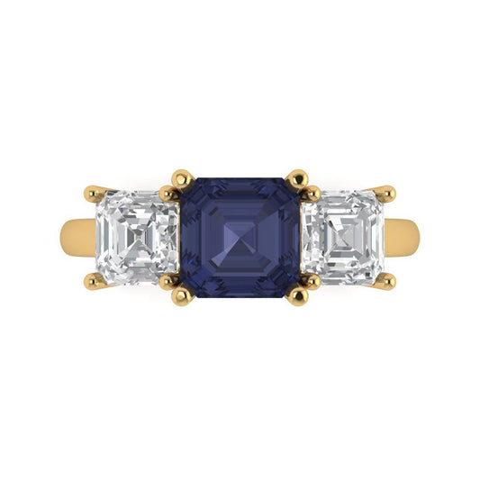 4 cttw Simulated Blue Sapphire Three-Stone Engagement Ring - Solid Yellow Gold (VVS1, Square Emerald Cut,7.0X7.0mm)
