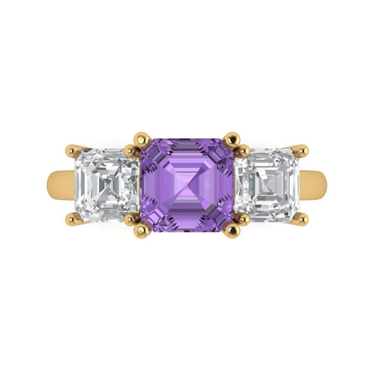 4 cttw Simulated Alexandrite Three-Stone Engagement Ring - Solid Yellow Gold (VVS1, Square Emerald Cut,7.0X7.0mm)