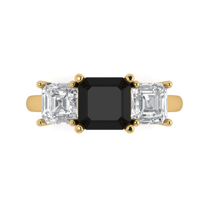 4 cttw Natural Onyx Three-Stone Engagement Ring - Solid Gold (Square Emerald Cut,7.0X7.0mm)
