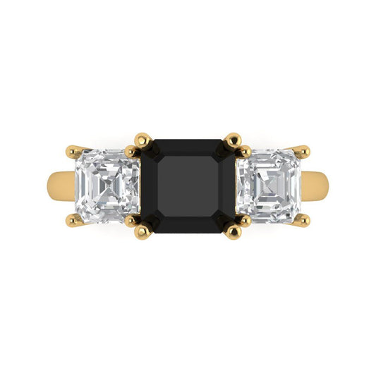 4 cttw Natural Onyx Three-Stone Engagement Ring - Solid Yellow Gold (VVS1, Square Emerald Cut,7.0X7.0mm)