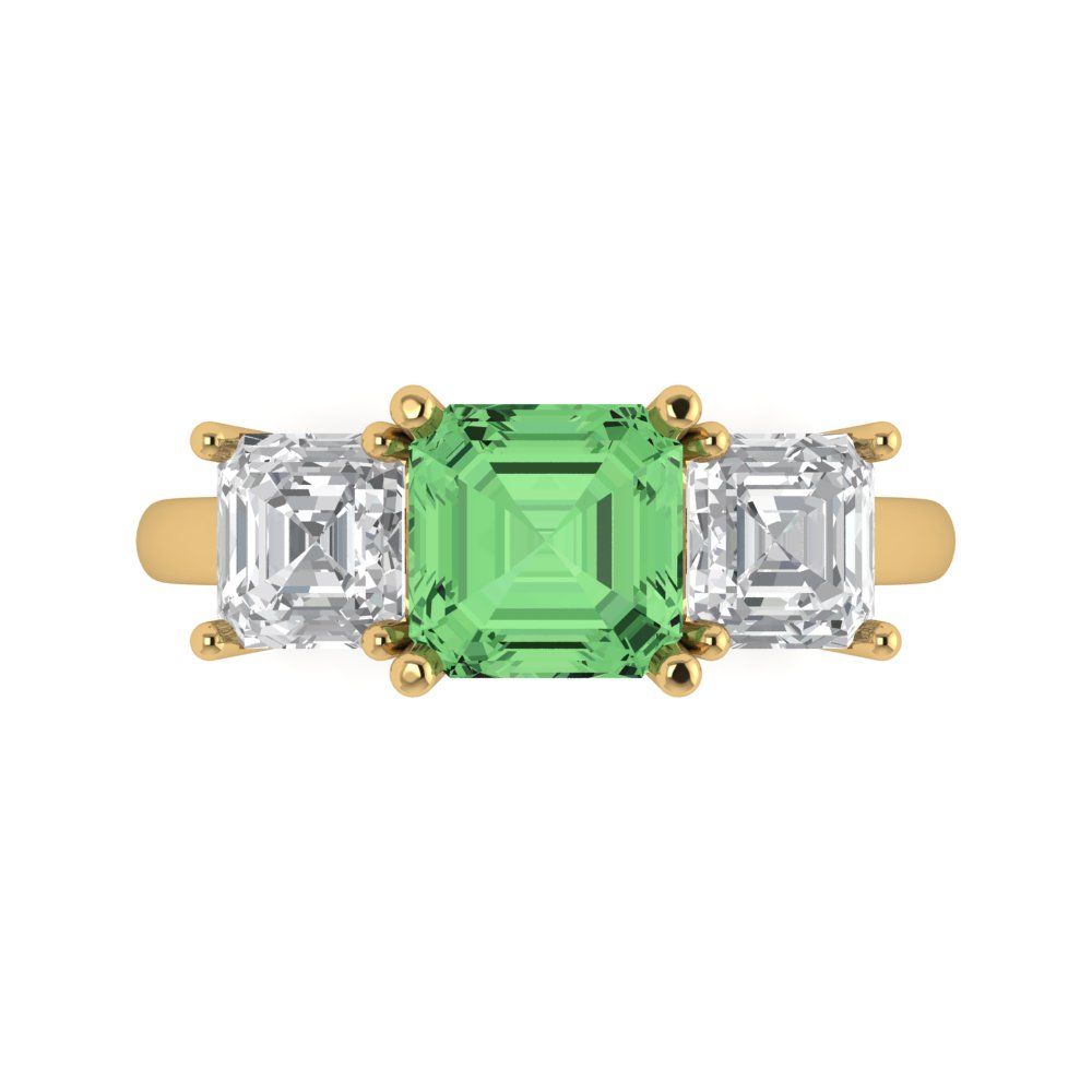 4 cttw Zirconia Simulated Green Diamond Three-Stone Engagement Ring - Solid Yellow Gold (VVS1, Square Emerald Cut,7.0X7.0mm)