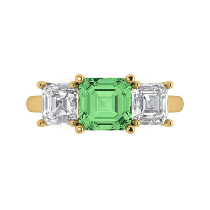 4 cttw Zirconia Simulated Green Diamond Three-Stone Engagement Ring - Solid Yellow Gold (VVS1, Square Emerald Cut,7.0X7.0mm)