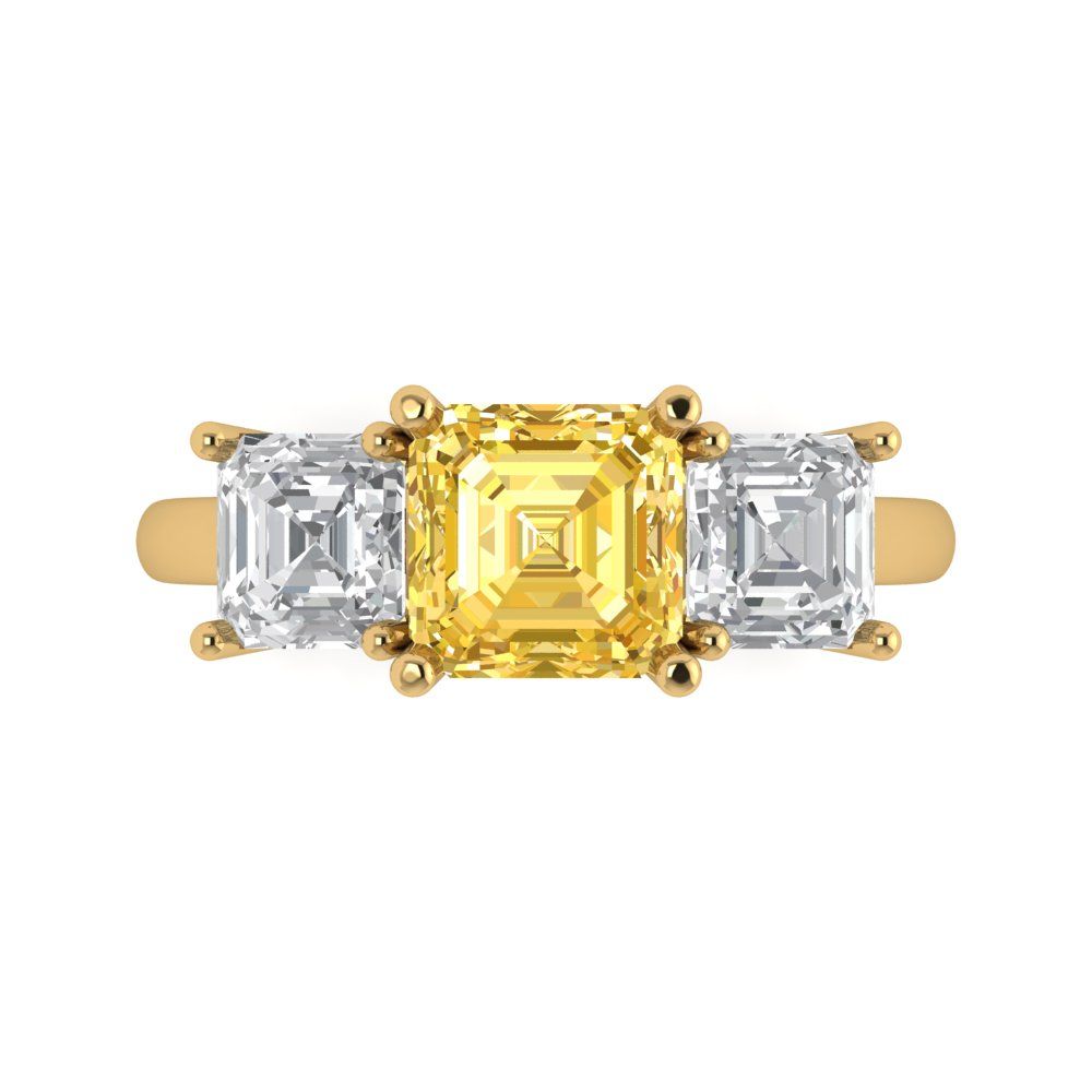 4 cttw Zirconia Simulated Yellow Diamond Three-Stone Engagement Ring - Solid Yellow Gold (VVS1, Square Emerald Cut,7.0X7.0mm)