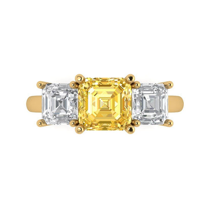 4 cttw Zirconia Simulated Yellow Diamond Three-Stone Engagement Ring - Solid Yellow Gold (VVS1, Square Emerald Cut,7.0X7.0mm)