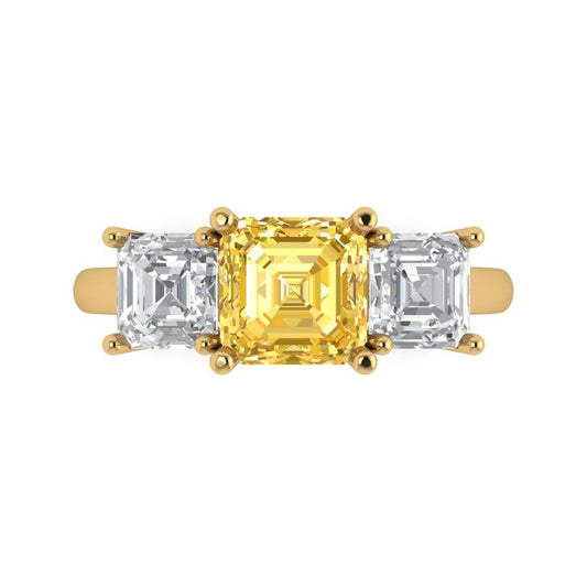 4 cttw Zirconia Simulated Yellow Diamond Three-Stone Engagement Ring - Solid Yellow Gold (VVS1, Square Emerald Cut,7.0X7.0mm)
