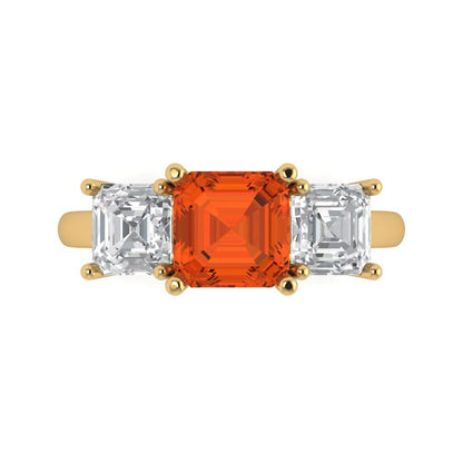 4 cttw Zirconia Simulated Red Diamond Three-Stone Engagement Ring - Solid Gold (VVS1, Square Emerald Cut,7.0X7.0mm)