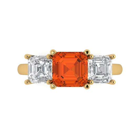4 cttw Zirconia Simulated Red Diamond Three-Stone Engagement Ring - Solid Yellow Gold (VVS1, Square Emerald Cut,7.0X7.0mm)
