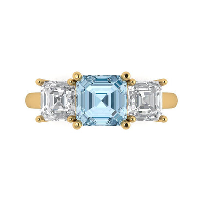4 cttw Natural Sky Blue Topaz Three-Stone Engagement Ring - Solid Gold (Square Emerald Cut,7.0X7.0mm)
