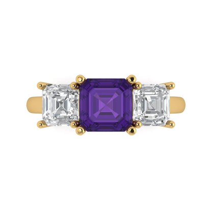 4 cttw Natural Amethyst Three-Stone Engagement Ring - Solid Gold (Square Emerald Cut,7.0X7.0mm)