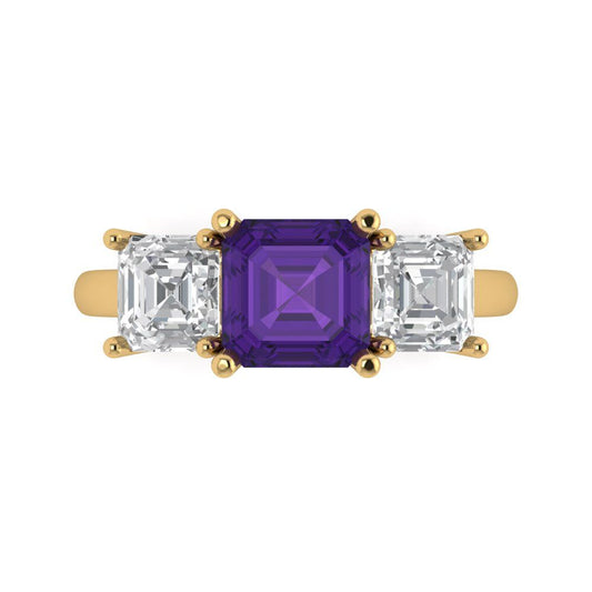 4 cttw Natural Amethyst Three-Stone Engagement Ring - Solid Yellow Gold (VVS1, Square Emerald Cut,7.0X7.0mm)