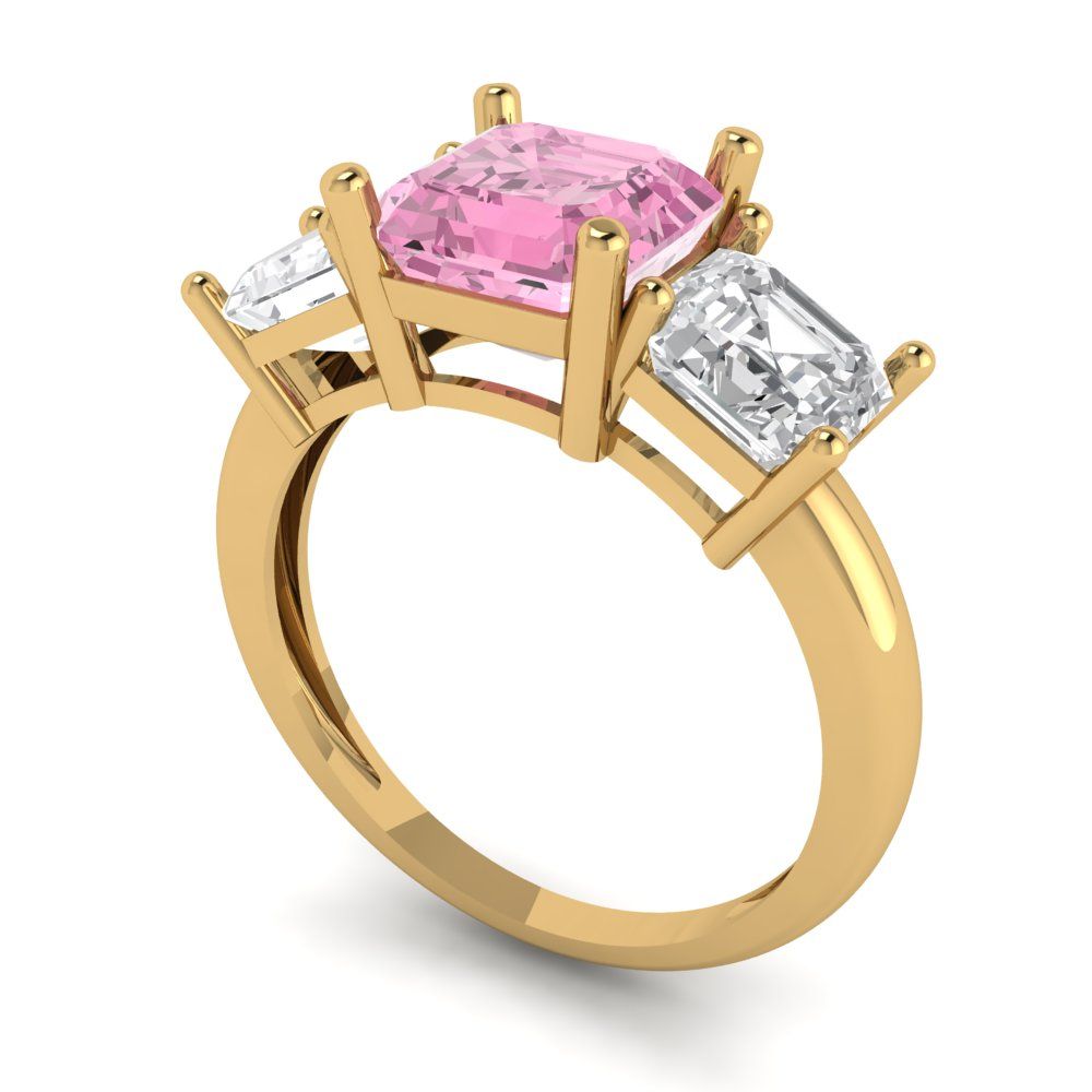 4 cttw Zirconia Simulated Pink Diamond Three-Stone Engagement Ring - Solid Gold (VVS1, Square Emerald Cut,7.0X7.0mm)