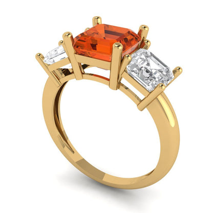 4 cttw Zirconia Simulated Red Diamond Three-Stone Engagement Ring - Solid Gold (VVS1, Square Emerald Cut,7.0X7.0mm)