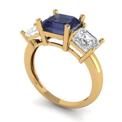 4 cttw Simulated Blue Sapphire Three-Stone Engagement Ring - Solid Yellow Gold (VVS1, Square Emerald Cut,7.0X7.0mm)