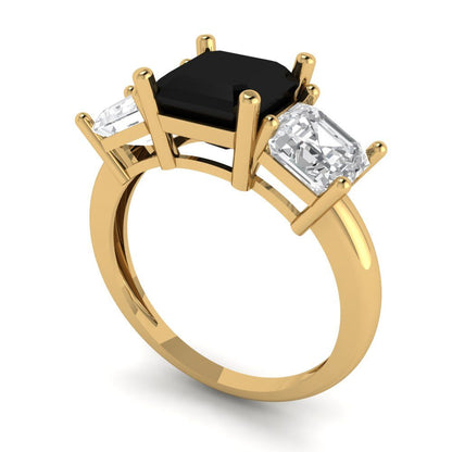 4 cttw Natural Onyx Three-Stone Engagement Ring - Solid Gold (Square Emerald Cut,7.0X7.0mm)