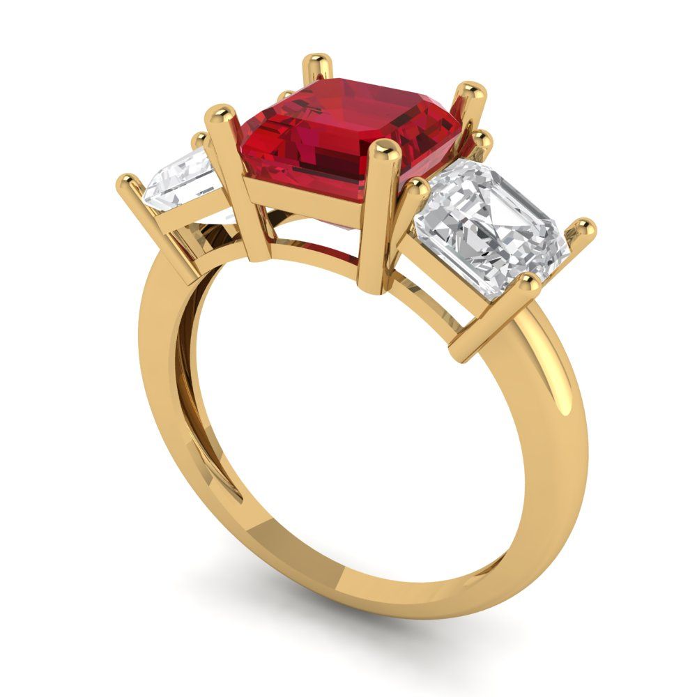 4 cttw Simulated Ruby Three-Stone Engagement Ring - Solid Gold (Square Emerald Cut,7.0X7.0mm)