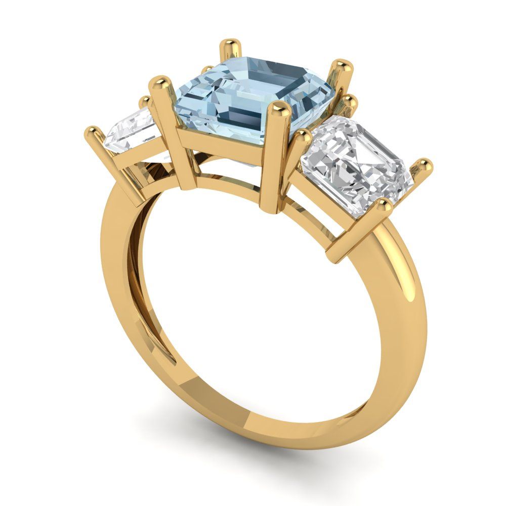 4 cttw Natural Sky Blue Topaz Three-Stone Engagement Ring - Solid Gold (Square Emerald Cut,7.0X7.0mm)