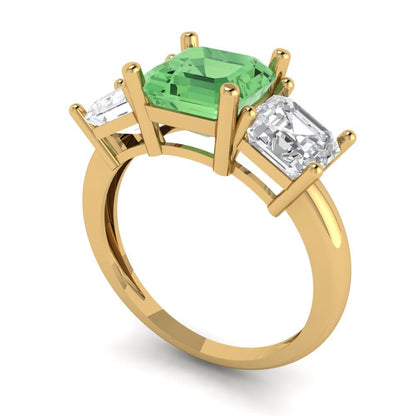 4 cttw Zirconia Simulated Green Diamond Three-Stone Engagement Ring - Solid Yellow Gold (VVS1, Square Emerald Cut,7.0X7.0mm)