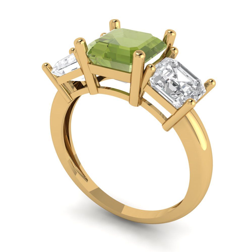 4 cttw Natural Peridot Three-Stone Engagement Ring - Solid Gold (Square Emerald Cut,7.0X7.0mm)