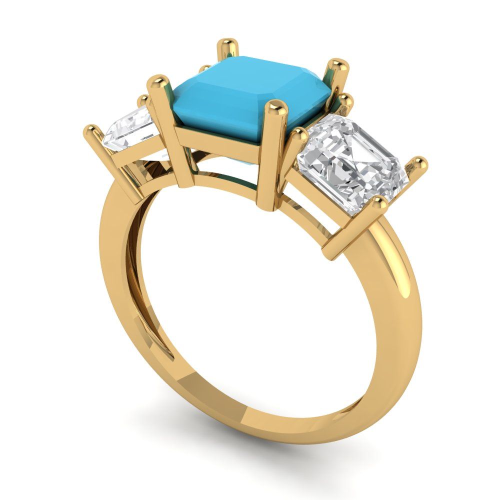 4 cttw Simulated Turquoise Three-Stone Engagement Ring - Solid Gold (Square Emerald Cut,7.0X7.0mm)