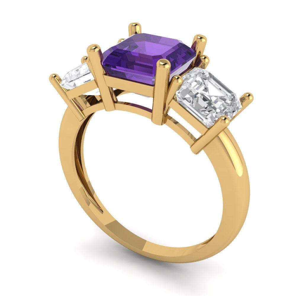 4 cttw Natural Amethyst Three-Stone Engagement Ring - Solid Gold (Square Emerald Cut,7.0X7.0mm)