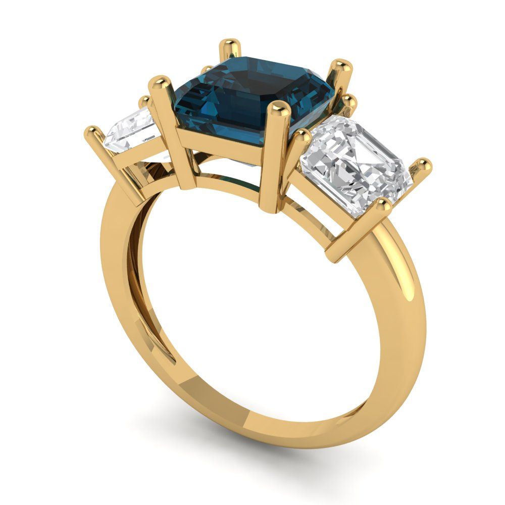 4 cttw Natural London Blue Topaz Three-Stone Engagement Ring - Solid Gold (Square Emerald Cut,7.0X7.0mm)