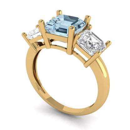 4 cttw Natural Swiss Blue Topaz Three-Stone Engagement Ring - Solid Gold (Square Emerald Cut,7.0X7.0mm)