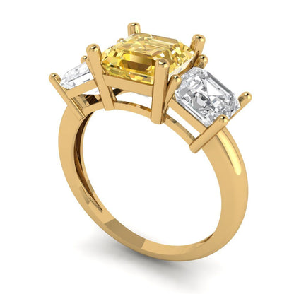 4 cttw Zirconia Simulated Yellow Diamond Three-Stone Engagement Ring - Solid Yellow Gold (VVS1, Square Emerald Cut,7.0X7.0mm)