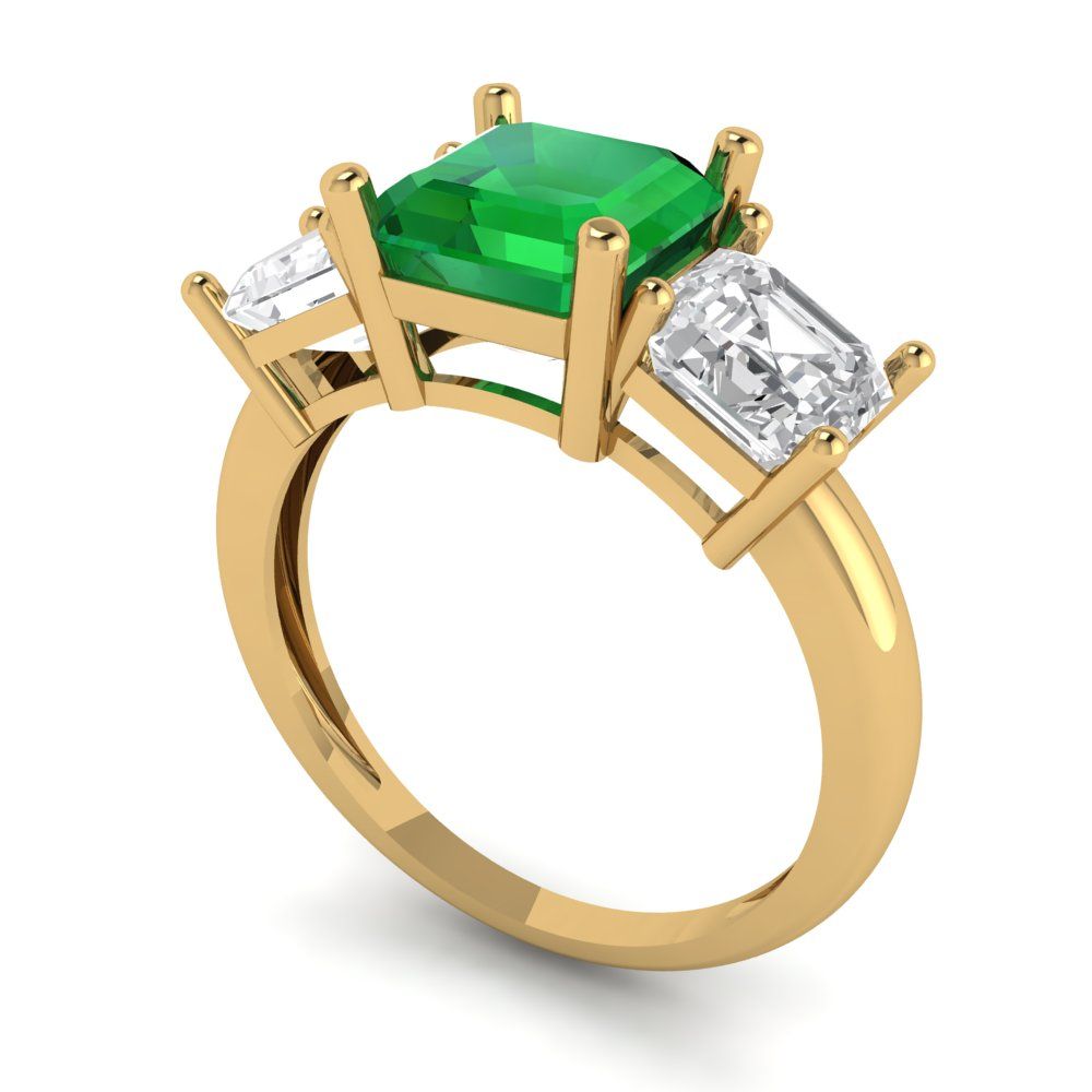 4 cttw Simulated Emerald Three-Stone Engagement Ring - Solid Gold (Square Emerald Cut,7.0X7.0mm)