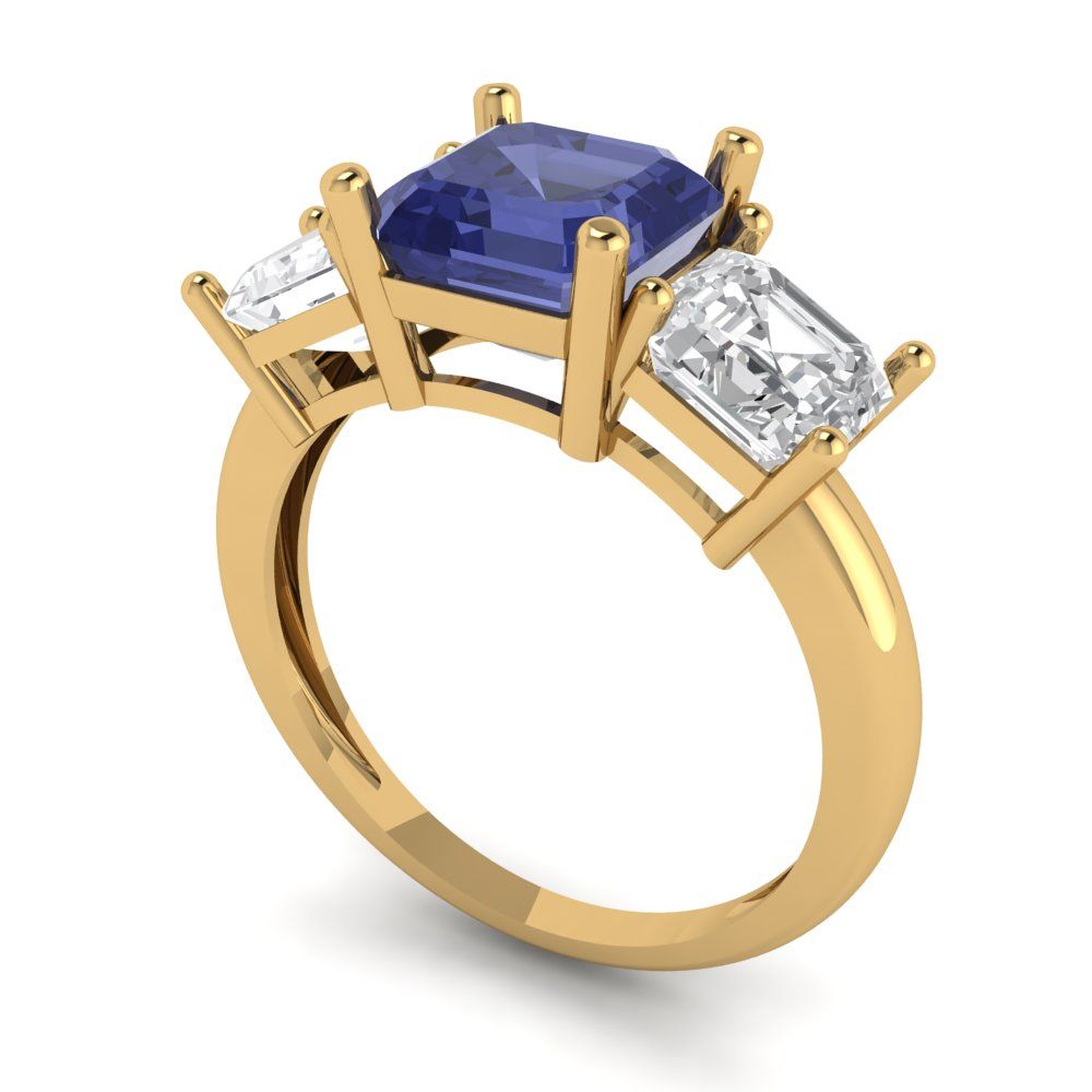 4 cttw Simulated Tanzanite Three-Stone Engagement Ring - Solid Gold (Square Emerald Cut,7.0X7.0mm)