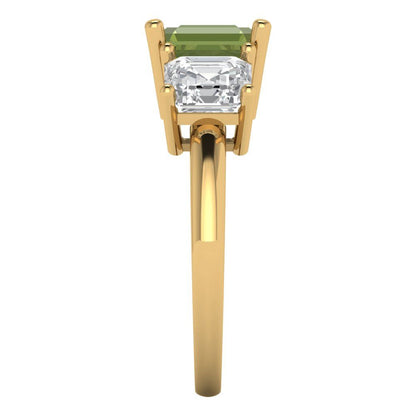 4 cttw Natural Peridot Three-Stone Engagement Ring - Solid Gold (Square Emerald Cut,7.0X7.0mm)