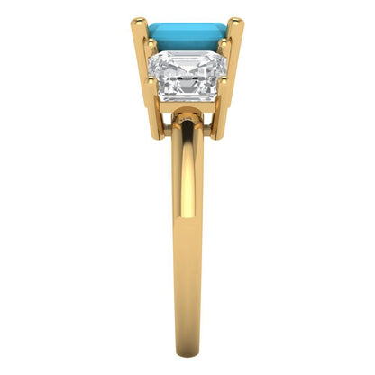 4 cttw Simulated Turquoise Three-Stone Engagement Ring - Solid Gold (Square Emerald Cut,7.0X7.0mm)
