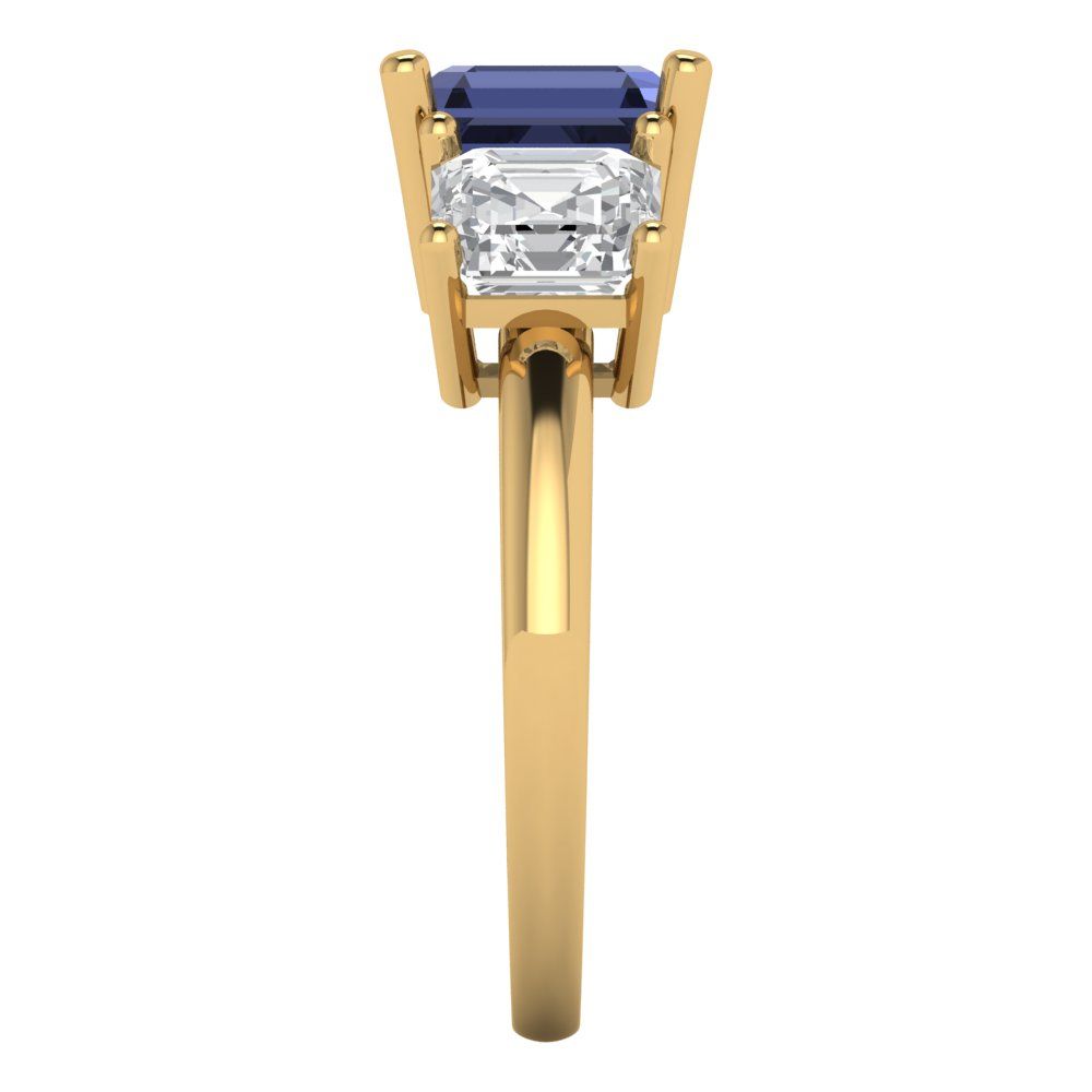 4 cttw Simulated Blue Sapphire Three-Stone Engagement Ring - Solid Yellow Gold (VVS1, Square Emerald Cut,7.0X7.0mm)