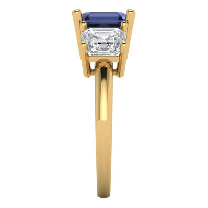 4 cttw Simulated Blue Sapphire Three-Stone Engagement Ring - Solid Yellow Gold (VVS1, Square Emerald Cut,7.0X7.0mm)
