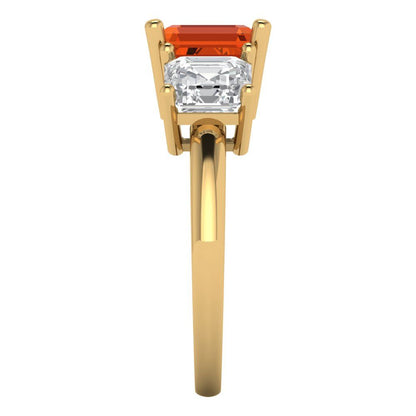 4 cttw Zirconia Simulated Red Diamond Three-Stone Engagement Ring - Solid Gold (VVS1, Square Emerald Cut,7.0X7.0mm)