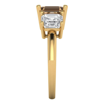 4 cttw Zirconia Simulated Champagne Diamond Three-Stone Engagement Ring - Solid Gold (VVS1, Square Emerald Cut,7.0X7.0mm)