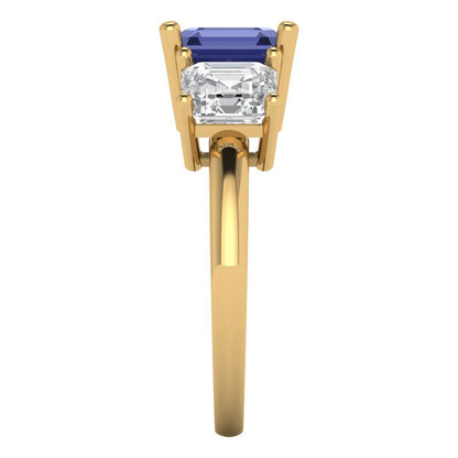 4 cttw Simulated Tanzanite Three-Stone Engagement Ring - Solid Gold (Square Emerald Cut,7.0X7.0mm)